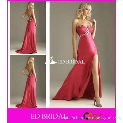 Sweetheart Split Front Floor Length Red Satin See Through Prom Dresses